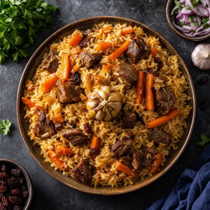 A plate of plov used for an example nutrition estimate